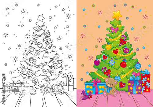 Coloring Book Of Christmas Tree And Gifts