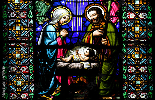The Nativity scene: beautiful stained glass window from Santa Maria de Montserrat Abbey (Catalonia, Spain).