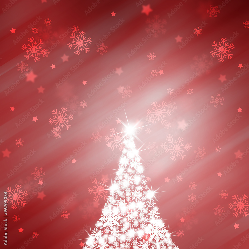 Magic snowflake Christmas tree with sparkle and beautiful bright and shiny red color background with blurry snowflake. Christmas Holiday illustration copy space background. Magic snowflake Christmas tree with sparkle and beautiful bright and shiny red color background with blurry snowflake. Christmas Holiday illustration copy space background.