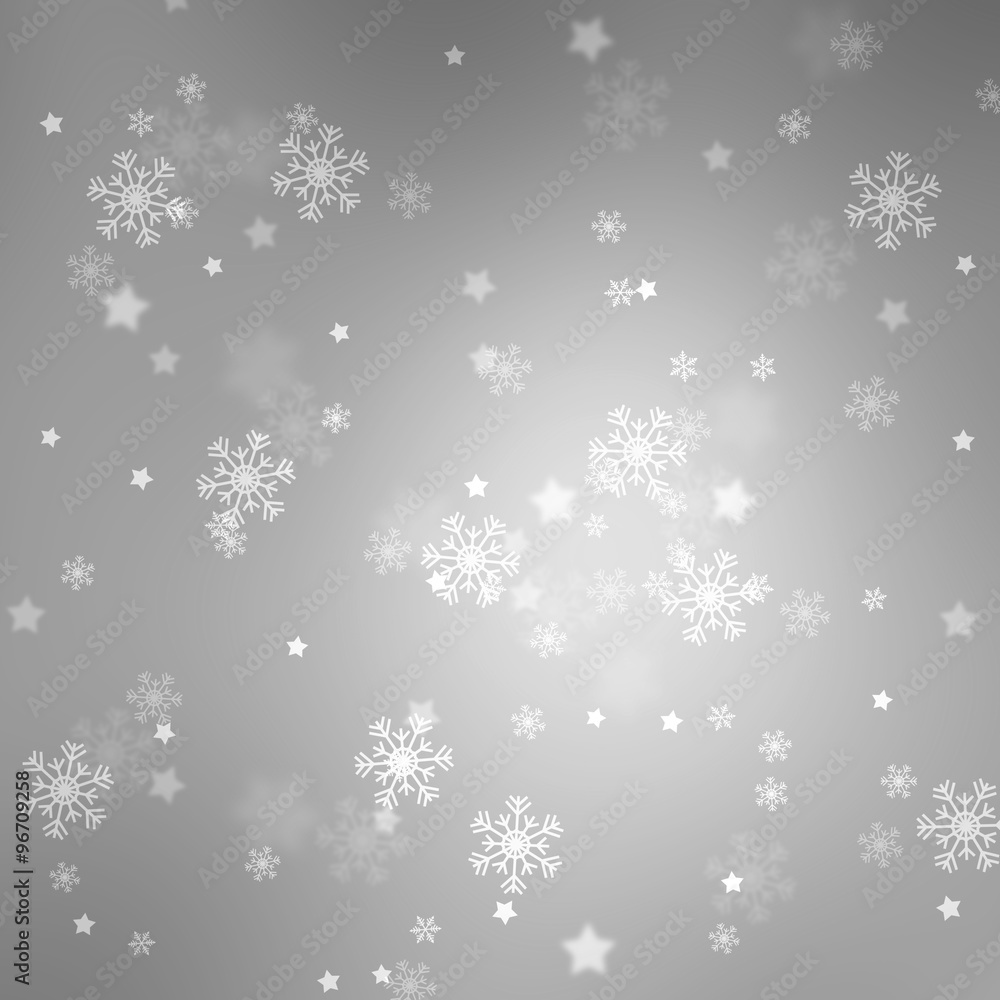 Silver colored blurry bokeh with blurred star shapes and snowflakes. Magic Christmas and New Year snowy Holiday greeting card copy space background. Silver colored blurry bokeh with blurred star shapes and snowflakes. Magic Christmas and New Year snowy Holiday greeting card copy space background.
