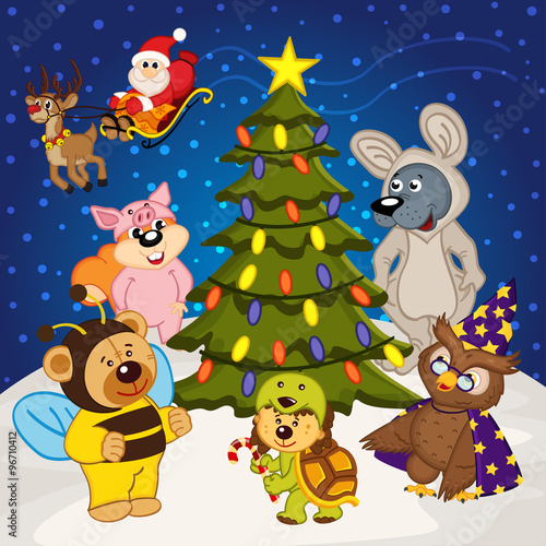 animal around  christmas tree - vector illustration, eps
