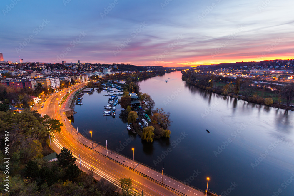 night view of marina situated behind the vysehrad castle in prague