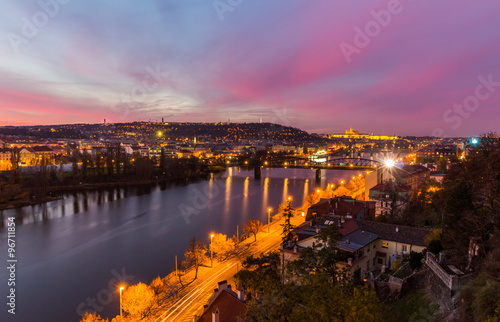 panorama view of the prague castle and left bank of the vltava / moldau river taken from the vysehrad castle.