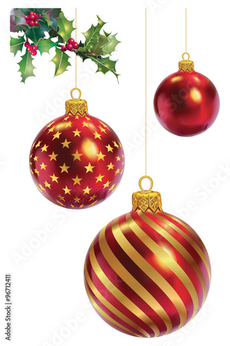 3 boules de Noël rouge et or, branche de houx