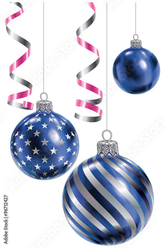 3 boules de Noël bleu et argent, ruban métallisé rose et argent