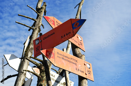 Hiking trail signpost in Gorce