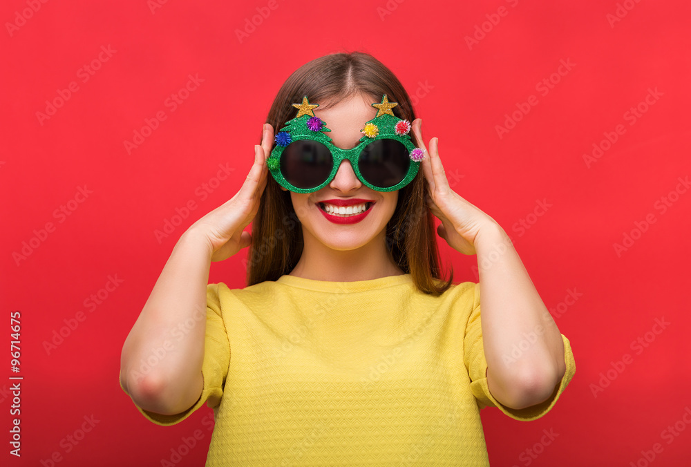 Woman with Christmas party glasses Woman with Christmas party glasses