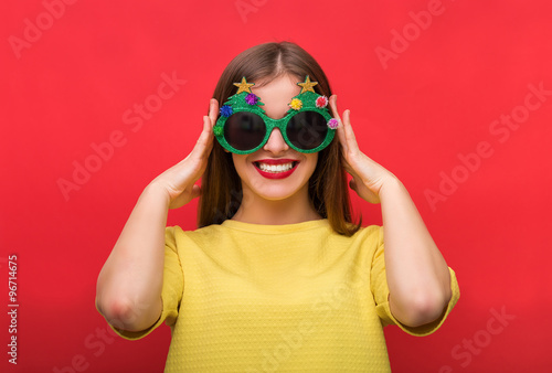 Woman with Christmas party glasses