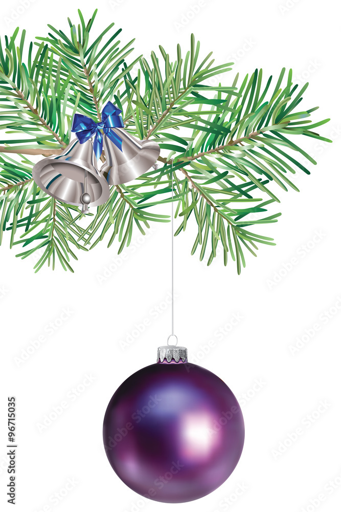 Vecteur Stock Boule de Noël violette, branche de sapin, clochettes argent,  noeud bleu | Adobe Stock