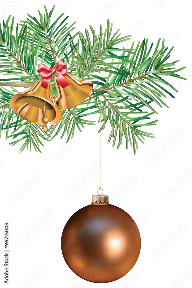 Boule de Noël cuivre, branche de sapin, clochettes dorées, noeud rouge  Stock Vector | Adobe Stock
