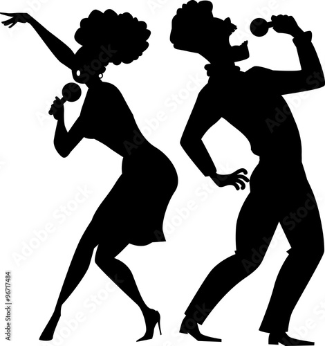 Black EPS 8 vector silhouette of a cartoon couple singing