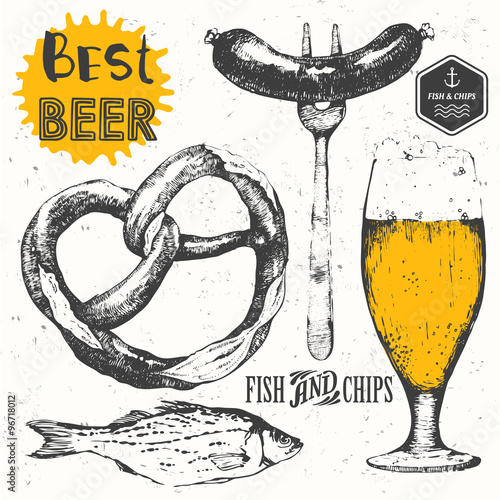Sketch of beer and snack: sausages, pretzel, fish. 