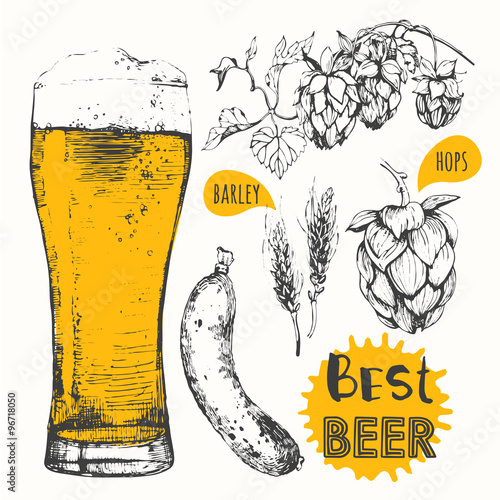 Vector illustration of beer and sausages. Pub menu.