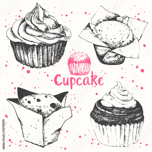 Cupcakes and muffins. Set of hand drawn cakes. 
