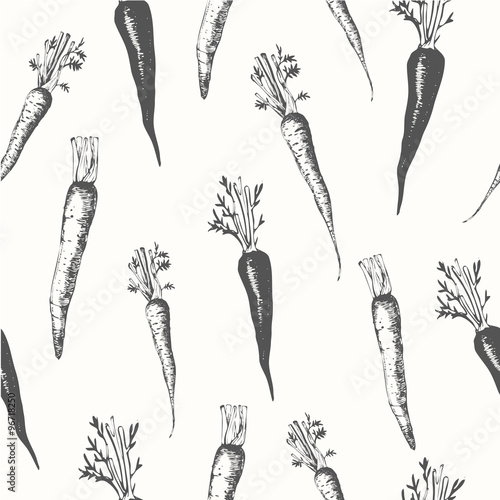 Hand-drawn sketch of carrots. Seamless nature background. 