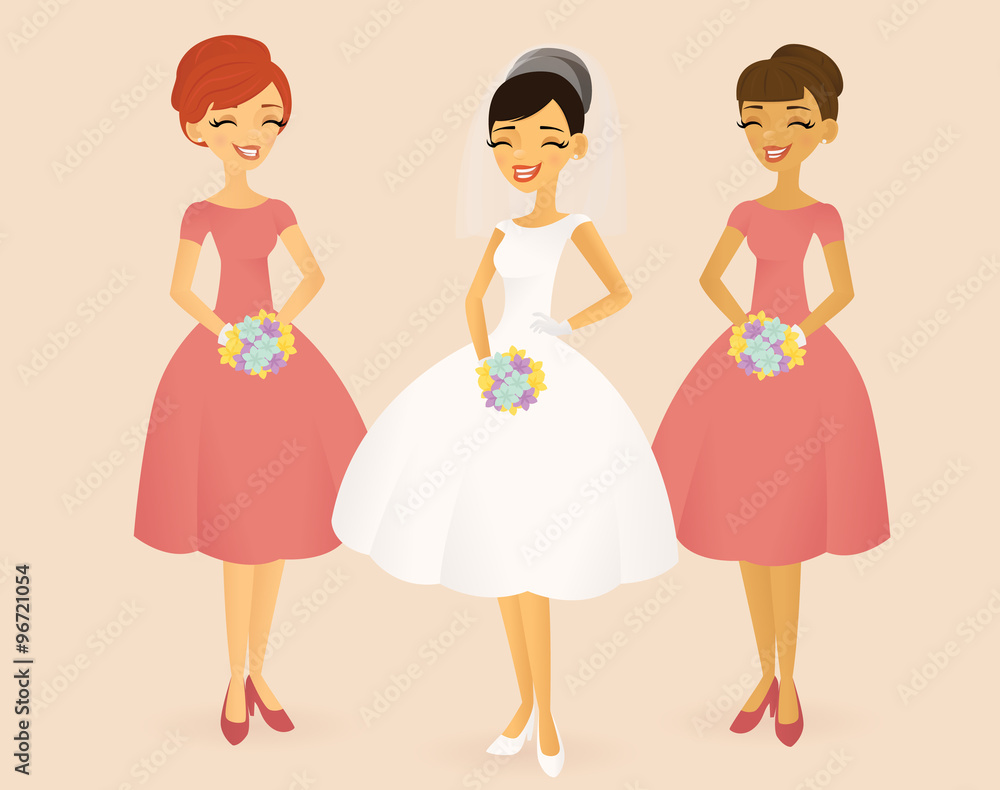 Retro-styled bride and two bridesmaids Retro-styled bride and two bridesmaids