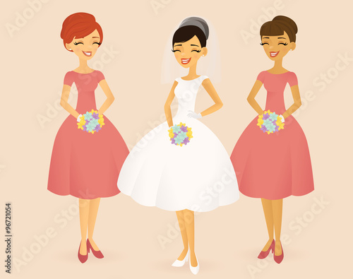Retro-styled bride and two bridesmaids
