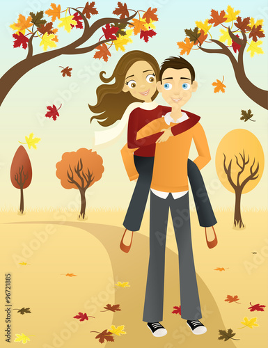 Man giving a woman a piggyback ride on an autumn day