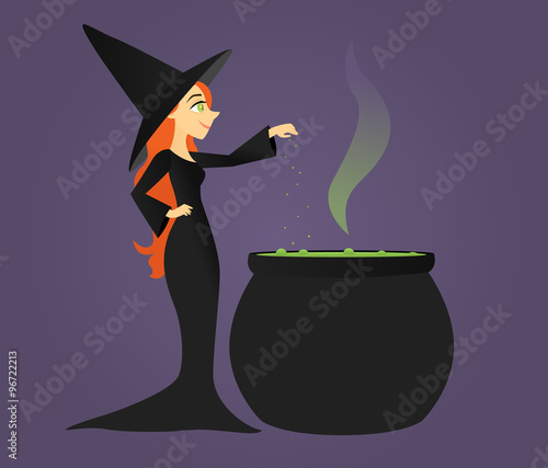 Long-haired witch standing next to a bubbling cauldron