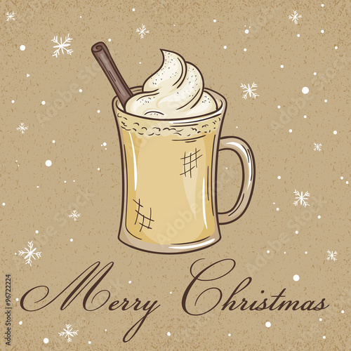 vector illustration of christmas kraft paper card with eggnog, label and snowflakes. Can be used for greeting card, invitation, banner and poster