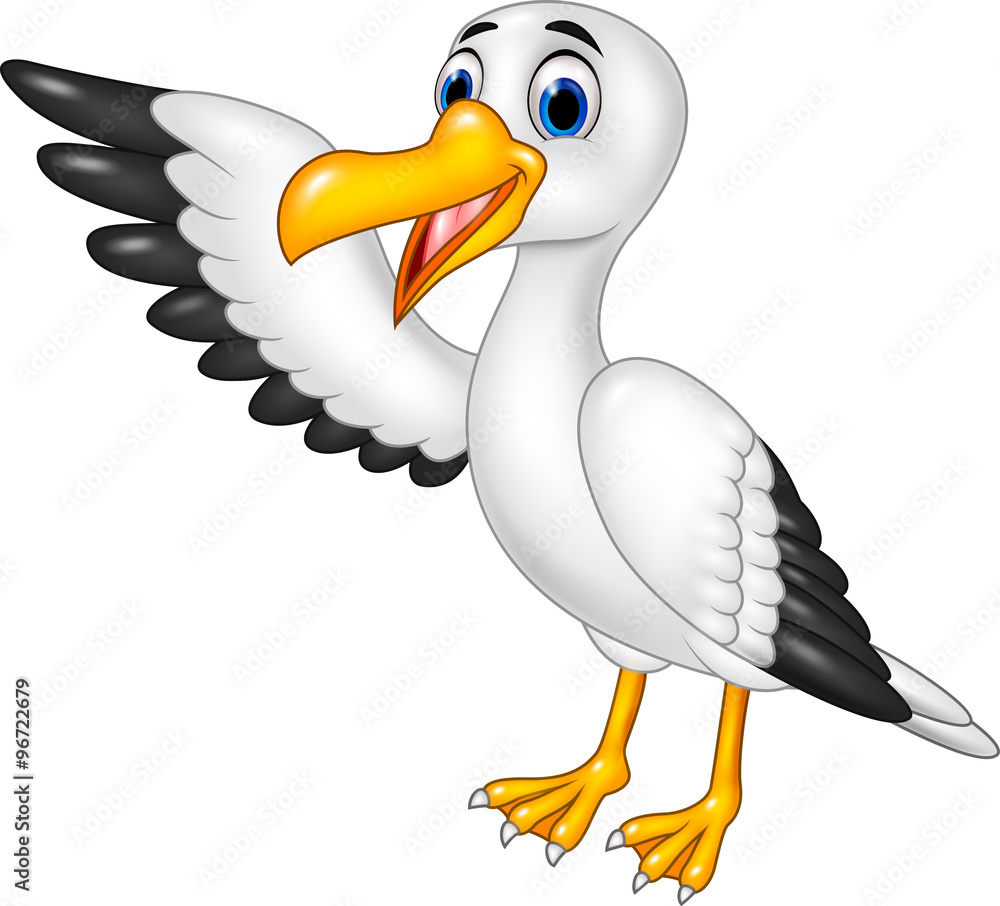 Obraz premium Cartoon funny seagull presenting isolated on white background