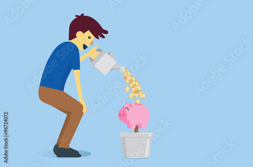 Man watering a piggy bank in flowerpot with money from watering pot. This is saving and financial planning for future.