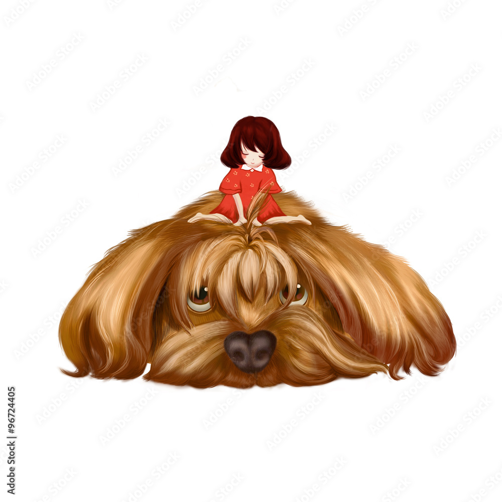 Illustration: The Big Dog and the Little Girl. The little girl sit on the big  dog's