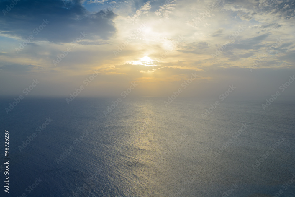 Fototapeta premium Lonely bench on the coast. Cape Cavo Greco. Cyprus