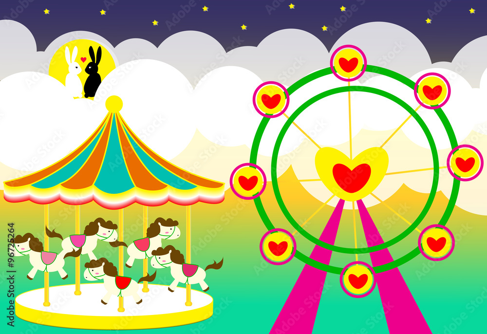 Amusement park wedding backdrop with carousel and ferris wheel and rabbits lover vector illustration Amusement park wedding backdrop with carousel and ferris wheel and rabbits lover vector illustration