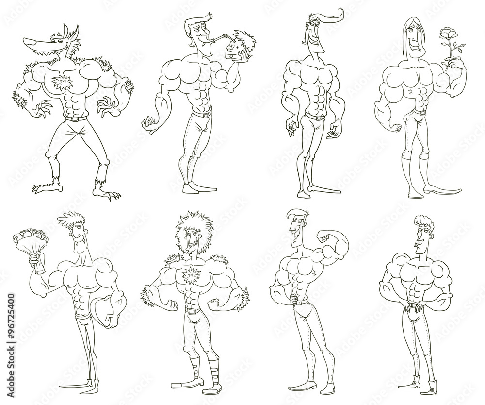 Vector Cartoon Macho men set, line art. Line cartoon image of a set of macho men in various poses on a white background. Vector Cartoon Macho men set, line art. Line cartoon image of a set of macho men in various poses on a white background.