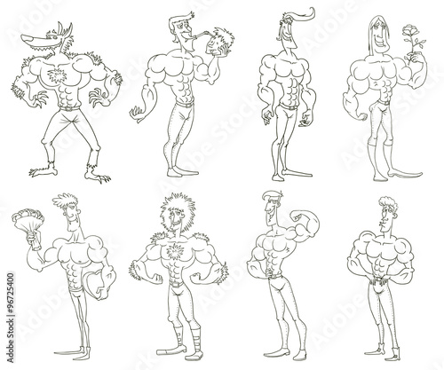Vector Cartoon Macho men set, line art. Line cartoon image of a set of macho men in various poses on a white background.