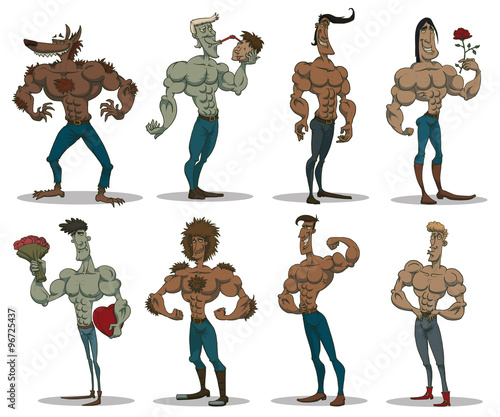 Vector Cartoon Macho men set. Cartoon image of a colored set of macho men in various poses on a light background.