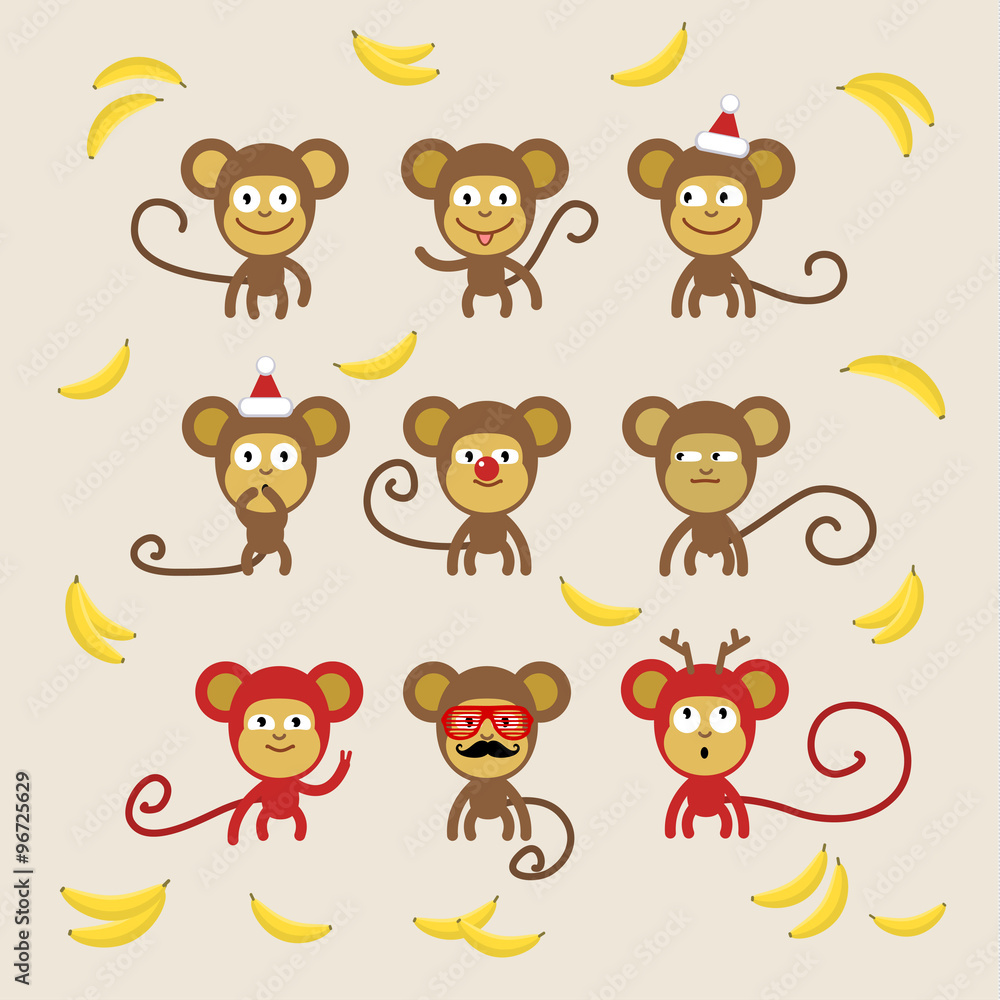 Set of cartoon monkeys. 