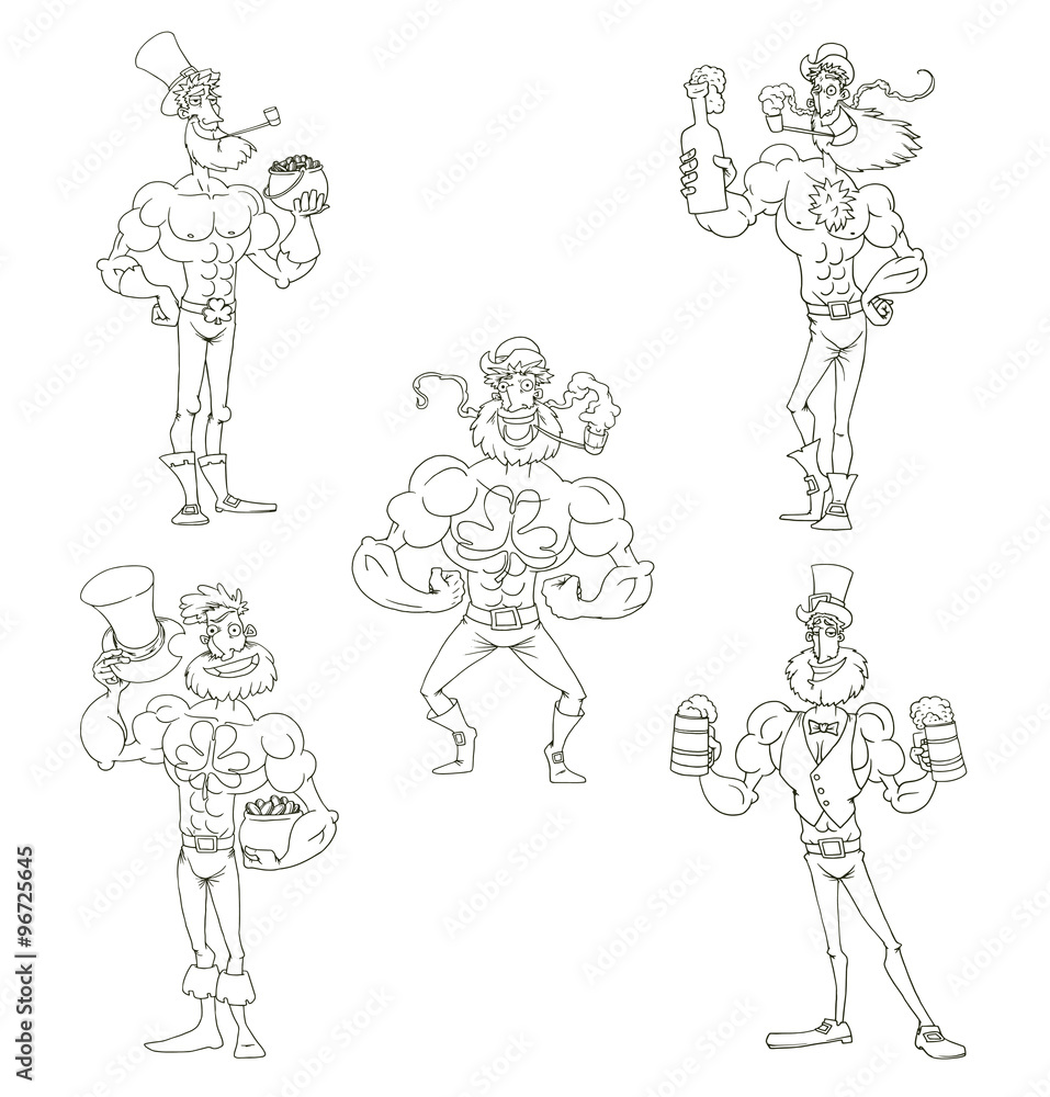 Vector line cartoon image of five Saint Patricks in different clothes, poses and with various objects in their hands on a white background. In the theme of St. Patrick's Day. Vector line cartoon image of five Saint Patricks in different clothes, poses and with various objects in their hands on a white background. In the theme of St. Patrick's Day.