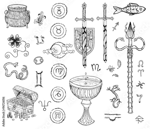 Graphic set with drawings of swords,coins, mystic symbols