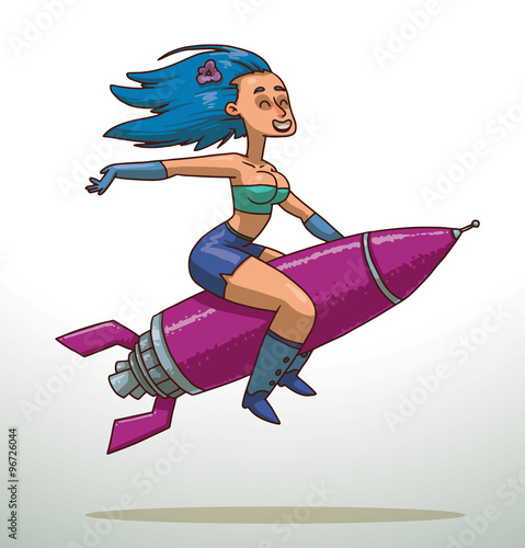 Vector cartoon image of a girl with blue hair in a light blue tank top, blue shorts, blue gloves and blue boots sitting astride a purple metal rocket on a light background.
