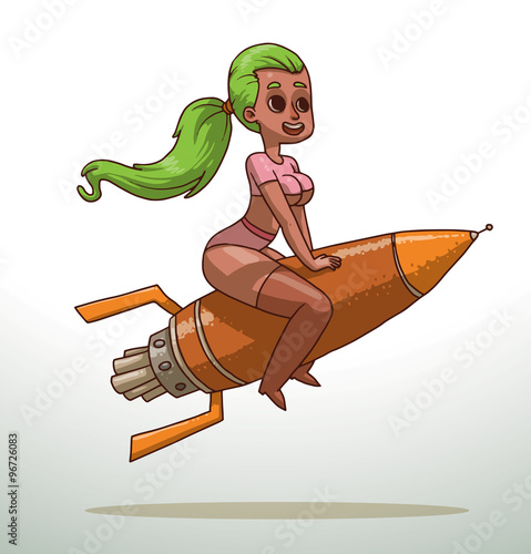 Vector cartoon image of a girl with green hair in a pink tank top and shorts sitting astride an orange metal rocket on a light background.