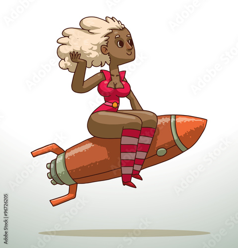 Vector cartoon image of a girl with white hair in a bright pink tank top, shorts and white-bright pink striped boots sitting astride an orange metal rocket on a light background.