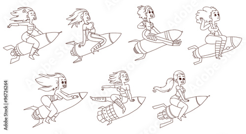 Vector Girls on rockets set, line art. Line cartoon image of seven different girls in different clothes sitting astride a rocket on a white background.