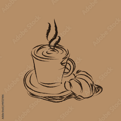 Cup of coffee  with the croissant - drawing on the beiege  background. Vector illustration photo