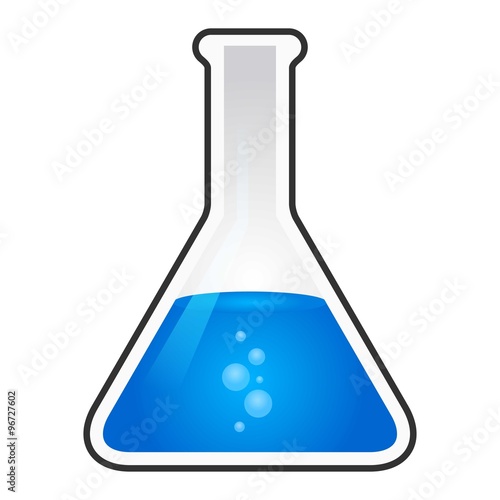 beaker with blue fluid and bubbling 