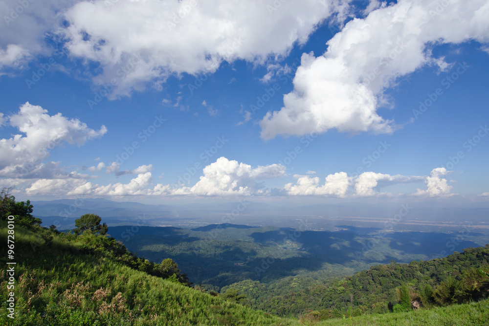 View of grass, mountain, and cloudy blue sky in Chiangmai city Thailand