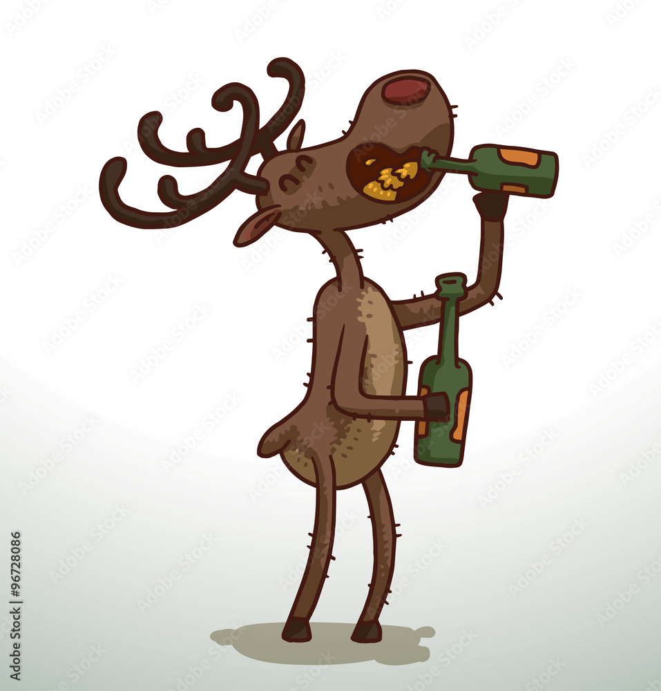 Vector Deer drinking beer from glass bottle. Cartoon image of a funny