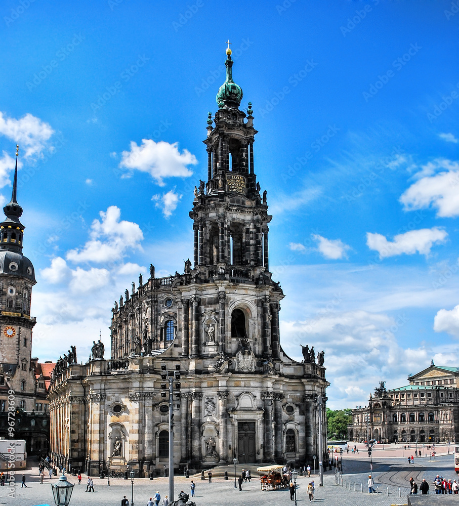 Fototapeta premium Kreuzkirche - Holy Cross Church on a sunny day, the main Lutheran church in Dresden and most spacious church in Saxony. Kreuzkirche famous organ concerts