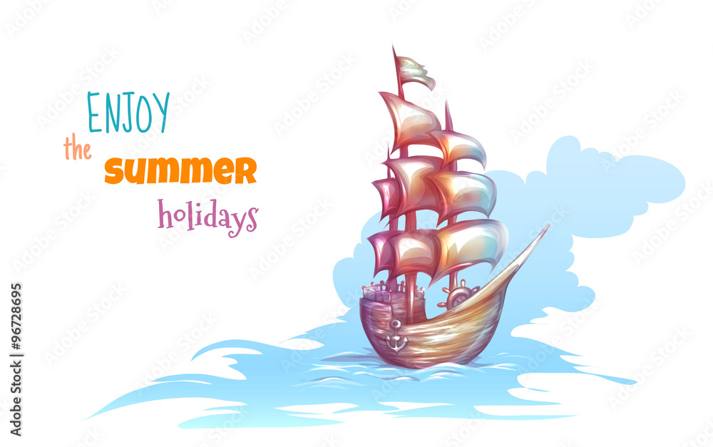 Obraz premium Vector illustration of sail ship with sea