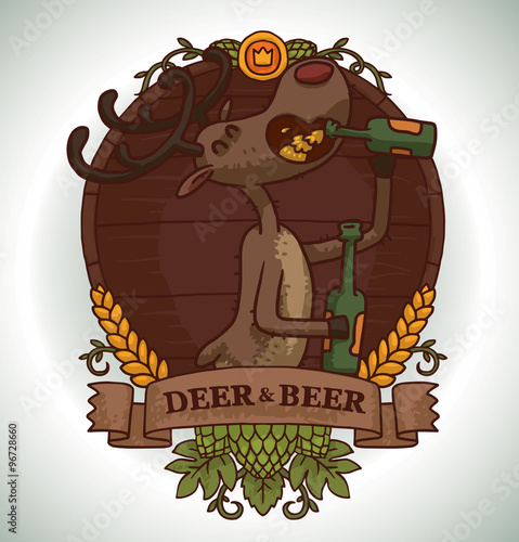 Vector image of round brown wooden emblem with banner, yellow ears, green hop cones and with cartoon image of a funny brown deer drinking beer from glass bottle on a light background.