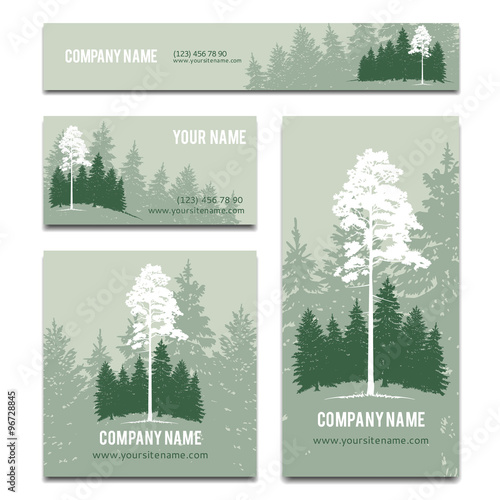 Business cards and brochure vector template design with green forest background