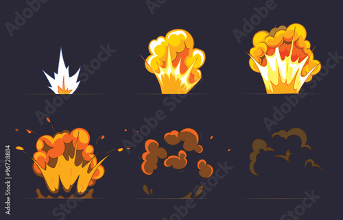 Cartoon explosion effect with smoke. Vector animation frames for game