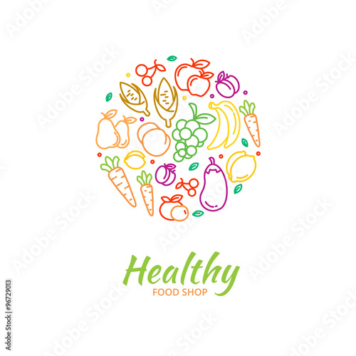 Healthy food store logo with fruit and vegetable icons