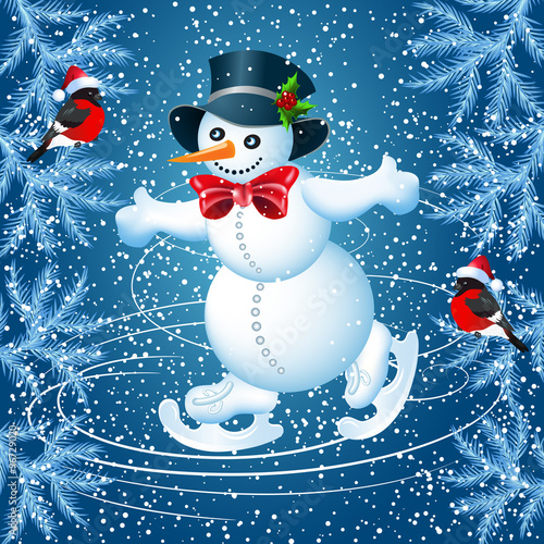 Snowman skates in cylinder hat and  bullfinch